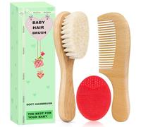 Molylove Set di 3 spazzole per capelli e pettini per neonati - Per neonati e bambini - In legno con morbide setole di capra - Spazzola in legno rossa - Ideale per la culla