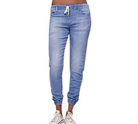 Mom Jeans da donna a vita alta, elasticizzati, per il tempo libero, con elastico in vita, pantaloni cargo, Azzurro, M