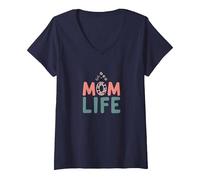 Mom Life: Stravagante Celebrazione del Caos della maternità Maglietta con Collo a V, Donna, Navy, M