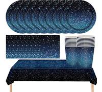 MOMAHUA Set da tavola per feste da 53 pezzi in blu scuro, decorazioni per feste di compleanno a tema galassia spaziale con tovaglia, piatti, tazze, tovaglioli, set di stoviglie di carta galassia