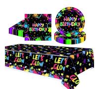 MOMAHUA Set da tavola per feste di compleanno al neon, 37 pezzi, decorazioni luminose per la tavola di compleanno dei bambini, stoviglie a tema neon con tovaglia, piatti, tovaglioli per 16 ospiti