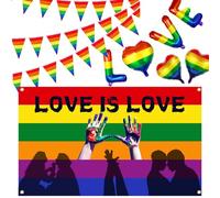 MOMAHUA Set di bandiere arcobaleno Pride da 0,9 x 1,5 m, bandiera perforabile, 5 m con 20 striscioni, striscione arcobaleno Love e 2 palloncini, striscione LGBTQ+ per celebrazioni per sfilate