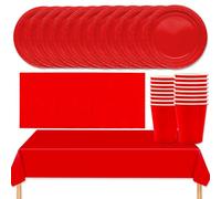 MOMAHUA Set di stoviglie per feste 53P, set di stoviglie rosse con piatti, tovaglia, tovaglioli, tazze, decorazioni da tavola in tinta unita per compleanni, matrimoni, picnic, baby shower, forniture