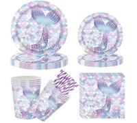 MOMAHUA Set di stoviglie per feste di compleanno a tema sirena, 84 pezzi, per ragazze, decorazioni per la tavola di compleanno a tema sirena con piatti, tazze, tovaglioli, cannucce di carta, set di