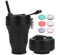 MOMAHUA Tazza pieghevole in silicone da 600 ml, colore nero, con coperchio in plastica di paglia, senza BPA, riutilizzabile, portatile, per attività all'aperto, campeggio, picnic, escursioni, viaggi