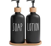 MOMEEMO Set da bagno con dispenser di sapone nero, con dispenser in vetro, pompe e vassoio in bambù, mani e lozioni, adatto per decorazioni in fattoria (nero)