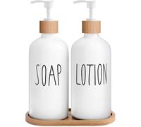 MOMEEMO Set di dispenser di sapone bianco da bagno, dispenser di sapone da bagno con dispenser di sapone in vetro, pompe e vassoio in bambù. Set di dispenser per sapone e lozioni, adatto per accessori