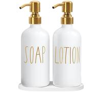 MOMEEMO Set dispenser di sapone da bagno, dispenser di sapone in vetro con pompa in acciaio inossidabile, contiene dispenser per lozioni, dispenser di sapone per le mani e vassoio, adatto per set di