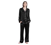 Mommesilk Pigiama di seta per le donne comodo Set di due pezzi con scollo a V con colletto dentellato Loungewear manica lunga 19 Momme Mulberry Silk Sleepwear Ladies, Nero , M