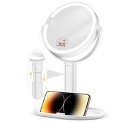 MOMOKUBA Specchio cosmetico con illuminazione, ingrandimento 30x, specchio cosmetico con ingrandimento 7", doppio lato, 3 colori, 64 LED, girevole a 360°, bianco