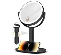 MOMOKUBA Specchio cosmetico con illuminazione - Specchio da trucco regolabile in altezza da 7" con illuminazione, ingrandimento 30x per camera da letto e bagno, double face, 3 colori, 64 LED, nero