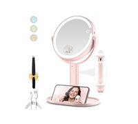 MOMOKUBA Specchio cosmetico con illuminazione, specchio ingranditore con luce 20 volte illuminato su entrambi i lati, regolabile in altezza, specchio cosmetico a 3 colori, per trucchi da tavolo, rosa