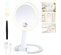 MOMOKUBA Specchio ingranditore con luce 20X/1X, Specchio per trucco illuminato con ingrandimento, Specchi per trucco in piedi doppio lato, Ricaricabile con 3 colori dimmerabili