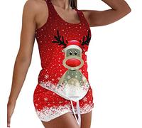 Momolaa Pigiama Intero Aderente Canottiere da Donna Casual con Stampa Natalizia Pantaloncini Senza Maniche da Pigiama Set da Pigiama da Notte Vestaglia Corta (Red-A, M)