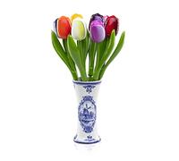 MomoMoments: Bouquet di tulipani in legno in vaso di ceramica olandese 9 tulipani in legno alti 35 cm, dipinto a mano, regalo Made in Holland