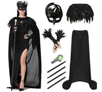 MOMOSTAR Costume Malefica Donna, Costume Strega Donna, 5 Pezzi Accessori Diavolo Halloween con Boa di Piume Maschera, 162cm Mantello con Scettro, Costume Adulto per Halloween Carnevale Cosplay