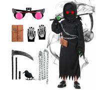 MOMOSTAR Costume Morte Bambino, Costume Halloween Morte con Cappuccio, Occhiali Luminosi, Guanti Luminosi, Death Notebook, Catena in Vita e Falce Giocattolo per Halloween Carnevale Cosplay (M)