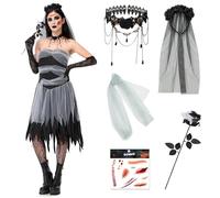 MOMOSTAR Sposa Cadavere Costume, Vestito Sposa Cadavere Donna, Costume Halloween Donna con Velo di Rose e Collana, Vestito Zombie Adulto per Halloween Carnevale Gioco di Ruolo (L)