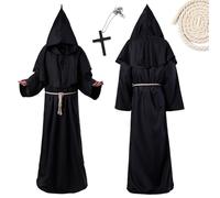 Monaco Medievale Costume da Mago per Adulto - Abito Talare Nero con Mantello, Cappuccio, Collana e Corda in Vita per Feste Cosplay, Halloween, Carnevale