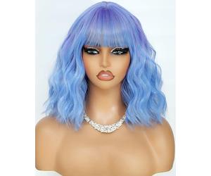 Monaluxe Parrucca corta a caschetto da viola a blu, con frangia, sintetica, ondulata, lunghezza alle spalle, per donne e ragazze, per tutti i giorni, parrucca corta ondulata colorata
