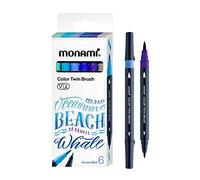 Monami - Pennarello a doppia spazzola a doppia punta fine e media per libri da colorare, calligrafia, lettere/illustrazioni, blu oceano, confezione da 6 (verde menta, azzurro, blu, viola, grigio)