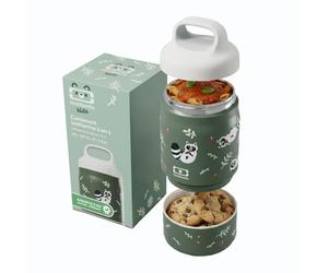 monbento - Lunch Box Bambini Termica Handy Verde Raccoon - Porta Pranzo 500 ml a 2 Livelli - Bento in Acciaio Inox 2-in-1 Mantiene Caldo e Freddo - Senza BPA - Perfetta per Scuola e Gite