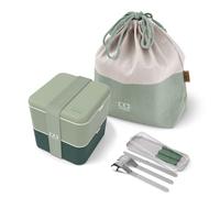 monbento - Set Natural Porta Pranzo Lunch Box - Con Bento Box MB Original con Scomparti Made in France, Set di Posate MB Slim Box, Borsa Bento MB Pochette L - Senza BPA - Verde