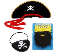 MonBrm 3 accessori da pirata, cappello da pirata, maschera per gli occhi e barba, costume da capitano pirata, tema pirata, per adulti e bambini, giochi di ruolo