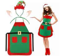 MONCAP 3pz Grembiule Natalizio Elfo Grembiule Natalizio Cucina Grembiuli Natalizi Elfo Grembiuli Cucina Natale per Donna Uomo Cerchietti Natalizi 1paio Orecchie da Elfo-per BBQ Casa Cucina Regalo
