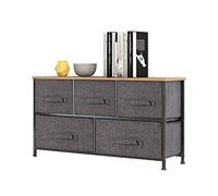 Mondeer Assettiera Camera Letto con 5 Cassetti, Comodino in Tessuto, Cassettiera per Corridoio, Ripostiglio, Camera da Bimbo, Unità di Sistemazione con Metallo, Pannello Superiore in Legno, Grigio