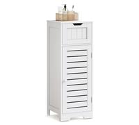 Mondeer Cassettiera Bagno, armadio da bagno stretto con cassetto e ante a lamelle in legno MDF, stile moderno, per bagno, cucina, soggiorno, camera da letto, 32 x 30 x 87 cm, Bianco