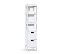Mondeer Colonna Bagno, Mobiletto Bagno Salvaspazio con 3 Ripiano e 2 Cassetti, Moderna MDF Verniciato Bianca 30 x30 x144cm, per Bagno Soggiorno Cucina