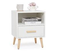 Mondeer Comodino, Comodino con 1 Cassetto e 1 Ripiani Aperto, 40x30x51cm Comodino con i Piedini in Legno Massello, Adatto per Camera da Letto Soggiorno, Bianco