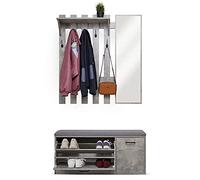 Mondeer Mobile Ingresso Set, Appendiabiti da Parete in Legno con Scarpiera, Specchio e 5 Ganci, Stile Industriale, per Corridoio Ingresso (Grigio)