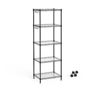 Mondeer Scaffale, Scaffale Portaoggetti in Metallo, 5 Livelli, con 8 Ganci e 4 Ruote, con Divisori in PP, Regolabile in Altezza, Utilizzabile in Cucina,Bagno,Soggiorno,Balcone, Nero