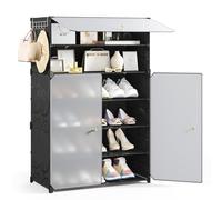 Mondeer Scarpiera a 6 ripiani per 18 paia di scarpe, in plastica, con ante, ripiano rimovibile e ganci, per corridoio, ingresso, armadio, colore: nero