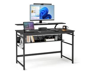 Mondeer Scrivania per computer, postazione di lavoro con 2 ripiani regolabili e grande supporto per monitor, salvaspazio, per casa, ufficio, studio, 120 x 60 x 90 cm, nero