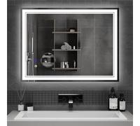 Mondeer Specchio da bagno a LED con illuminazione, 80 x 60 cm, con interruttore touch, anti-appannamento e 5 x lente d'ingrandimento, 3 colori della luce dimmerabili, per bagno (3000 K - 6500 K)
