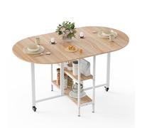 Mondeer Tavolo da pranzo pieghevole mobile con 2 ripiani aperti, design con bordi rotondi, piccoli spazi, sala da pranzo, cucina, 140 x 80 x 75 cm, rovere e bianco