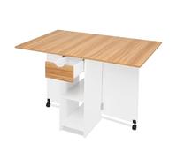 Mondeer Tavolo da pranzo, tavolo da cucina pieghevole per 4-6 persone, tavolo pieghevole con cassetto e 2 ripiani aperti per piccoli spazi, sala da pranzo, cucina, 120 x 72 x 75 cm, bianco+rovere
