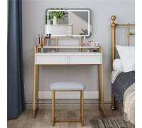 Mondeer Toeletta Trucco con Luci LED, Tavolo da Trucco con Sgabello e Specchio, Luminosità Regolabile, 2 Ampi Cassetti e Ripiani, Struttura in Metallo, per la Camera da Letto, Bianco e Oro