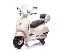 Mondial Toys Moto Elettrica per Bambini 12V con Licenza Ufficiale Vespa Piaggio - Modello GTS Super, Luci LED, MP3, Sedile in Pelle, Bauletto - Bianco