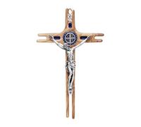 Mondo Cattolico - Crocifisso da parete in legno d'ulivo con Medaglia Smaltata - 19 cm x 12 cm - Ideale come regalo religioso