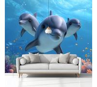 Mondo Sottomarino Animali Delfini Barriere Carta da Parati In Tessuti non Tessuti 400 x 280 cm Murali, Blu Fotomurale Murale, Soggiorno Camera da Letto Cameretta Dei Bambini Decorazione