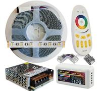 Mondo Strisce Led: RGB+Bianco Caldo 4in1 24V. Kit da 5 Metri con 1 Trasformatore da 60W e 1 Controller +1 Telec.. Con 300 Led RGB+WW sviluppa 2500+2500 Lumen. Striscia RGBW Ip20