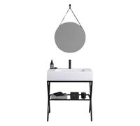 MONDO VIRO Mobile Bagno a Terra 80 cm Cancún - Stile Moderno con Lavabo in Resina Bianco, Specchio Rotondo con Laccio in Pelle, Struttura Resistente e Design Elegante