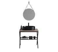 MONDO VIRO Mobile Bagno a Terra 80 cm Victoria - Rovere Fossile, Lavabo Ovale in Ceramica Nero Opaco, Specchio Rotondo Incluso, Design Moderno ed Elegante
