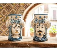 Mondocreazioni Coppia teste di moro in ceramica siciliana di Caltagirone realizzate e decorate a mano artigianalmente art. rotondo (BLU)