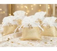 Mondocreazioni Set sacchetto bianco e oro porta confetti da 5 pz bomboniera per nozze d'oro, cinquantesimo, Harmony S3224A