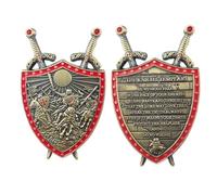 Moneta con scritta "Put on the Whole Armor of God" (scudo, cavalieri templari, giuramento di preghiera)